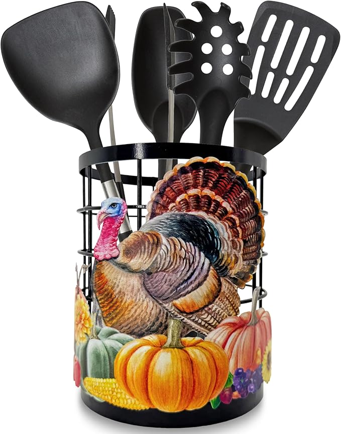 Thanksgiving Turkey Utensil Holder, Thanksgiving Turkey Pumpkin Kitchen Decor Utensil Organizer for Countertop, Fall Metal Cooking Tools Farmhouse Counter Decor, Kitchen Gifts Utensil Caddy Harvest-Ruum Studio Home