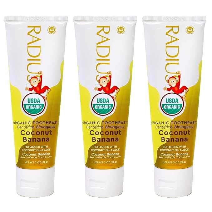 RADIUS USDA Organic Kids Toothpaste 3oz Non Toxic Chemical-Free Gluten-Free Designed to Improve Gum Health for Children's 6 Months and Up - Coconut Banana - Pack of 3-Ruum Studio Home