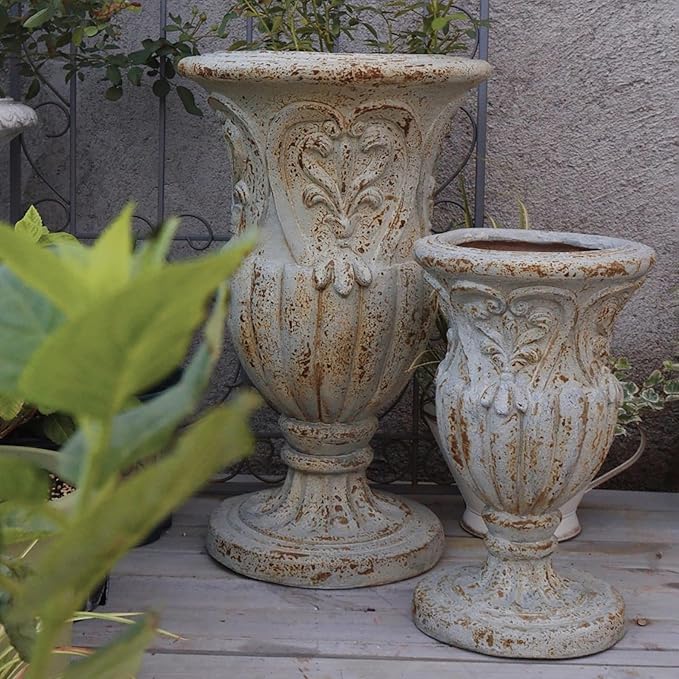 VISIBLE Vintage European Giant Garden Urn Planter, Decorative Cement and Fiber Flower Pot, Make Rust Finished, Wrap Foam Safely Delivered from Los Angeles (Vintage, Medium)-Ruum Studio Home