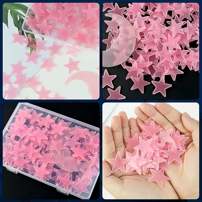 100 Stars and 1 Moon Glow in The Dark Luminous Fluorescent 3D Plastic Glow Stars Moon for Ceiling, Glowing Wall Stickers Create a Realistic Starry Sky, Room Decorations (Pink)-Ruum Studio Home