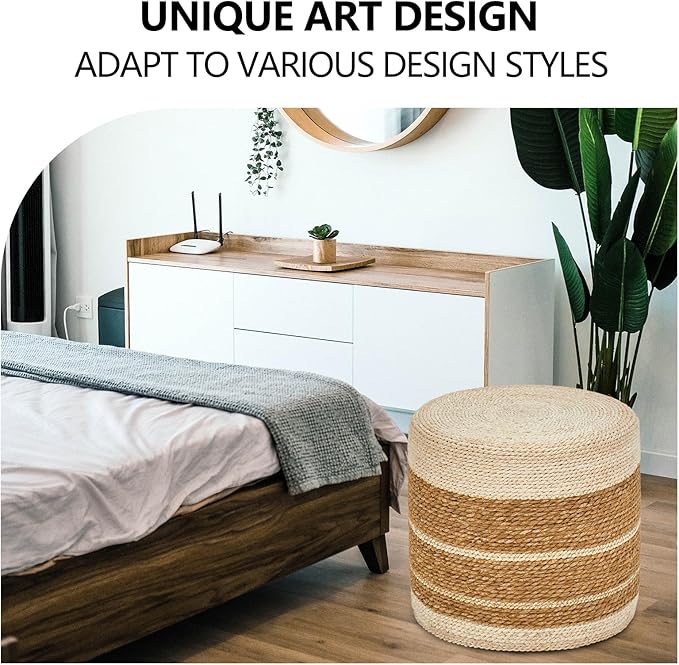Wimarsbon 18'' Ottoman Pouf, Natural Braided Poof, Rustic Handweave Lounge Pouffe, Boho Footrest Stool for Bedroom, Accent Table or Seat for Living Room-Ruum Studio Home