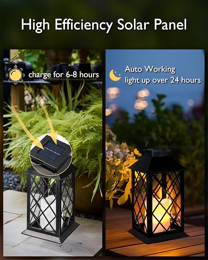 Homemory Solar Lanterns Outdoor Waterproof Hanging with Flickering Flameless Candles, 2 Pack 13'' Garden Outdoor Lantern Decorative for Patio Front Porch Backyard Balcony Cabin Outside Table(Black)-Ruum Studio Home