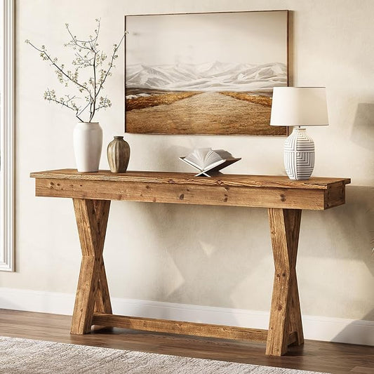 Solid Wood Console Table, 63-Inch Farmhouse Entryway Table with X-Shaped Legs, Real Wood Behind The Couch Table for Living Room, Entrance, Hallway, Easy Assembly-Ruum Studio Home