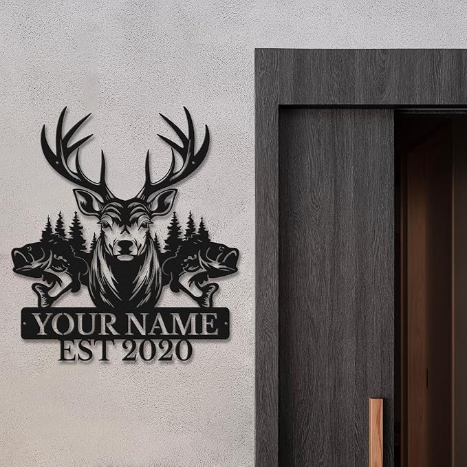 Personalized Custom Forest Deer and Fish Wall Decor, Metal Signs, Black Metal Wall Art, Custom Name Signs for Dad's Shed, Camping and Hunting Decor-Ruum Studio Home