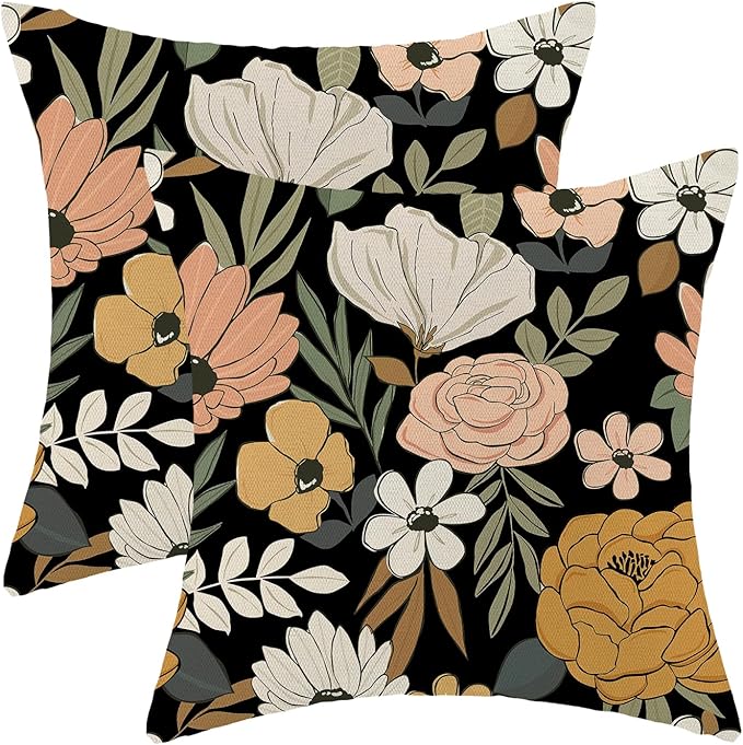 CXMEIFLY Spring Floral Pillow Covers 16 x 16 Inch Set of 2 for Vintage Pink Mustard Yellow Cream Flowers Decor Throw Pillows Plant Black Outdoor Decorative Cushion Cases for Couch Bed Decorations-Ruum Studio Home