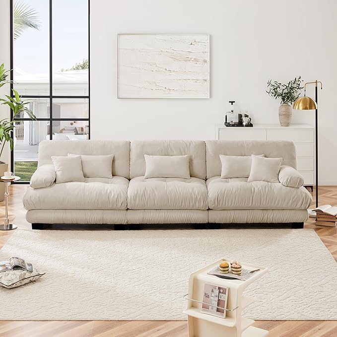 Modular Sectional Sofa Cloud Couch 3-Seater Deep Seat Sofa Couch, Oversized Couch Bed Sectional Couch with Round Bolster Armrests 5 Pillows, Modern Sofa Chair Comfy Couch-Ruum Studio Home