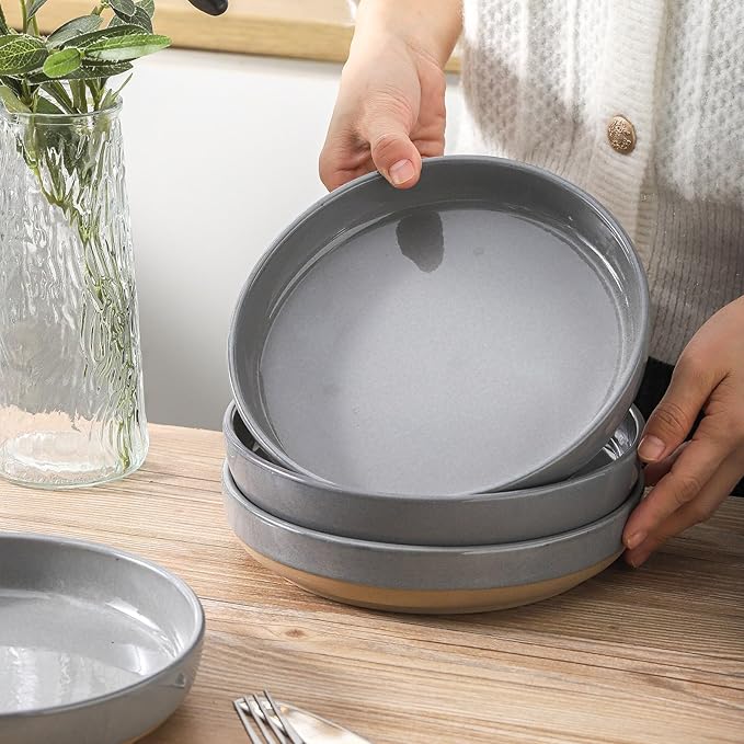 Pasta Bowls 26 OZ,Ceramic Salad Serving Bowls Set of 4,Large 8.2 inch Shallow Bowls Plates for Soup,Fruit,Noodle,Dinner,Dishwasher & Microwave Safe,Gray-Ruum Studio Home