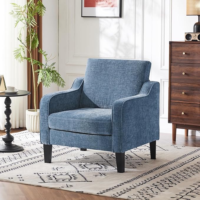 VINGLI Mid Century Modern Accent Chair,Navy Blue Chenille Chairs for Living Room Upholstered Armchair with Scooped Arms for Bedroom,Apartment,Studio,Office,Waiting Room-Ruum Studio Home
