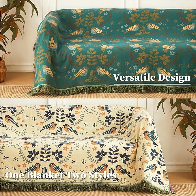 Woven Throw Blanket Cotton Cozy and Soft King Size Blanket Two Side Available Large Bed Blankets All Season Blanket for Couch Bedding (90"x98",01-Cute Bird)-Ruum Studio Home