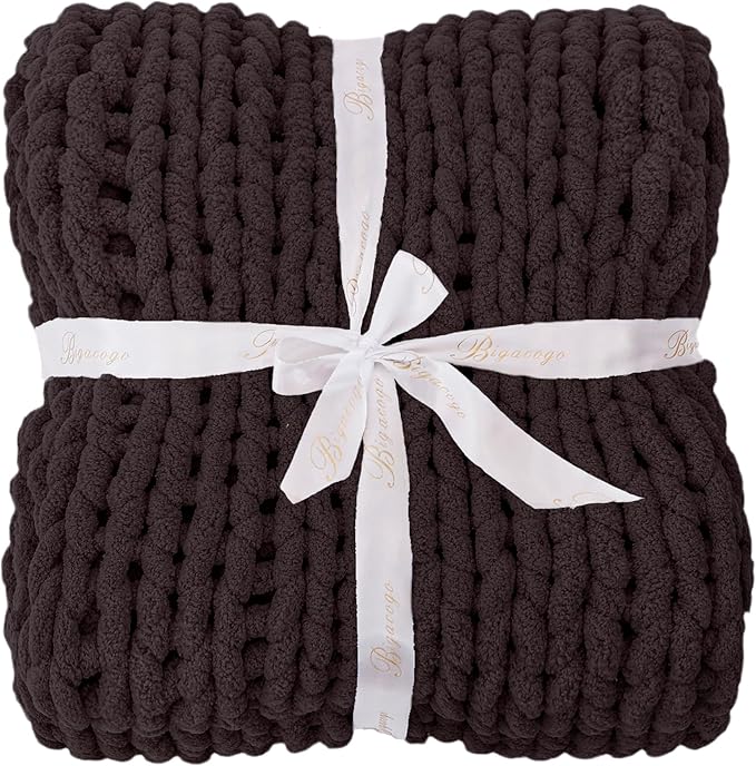 Bigacogo Chunky Knit Throw Blanket for Couch, 40x40 inches, 100% Hand Knitted with Thick Jumbo Chenille Yarn, Cozy Soft Large Rope Knot Cable Crochet Blankets for Sofa Bed Living Room, Chocolate-Ruum Studio Home