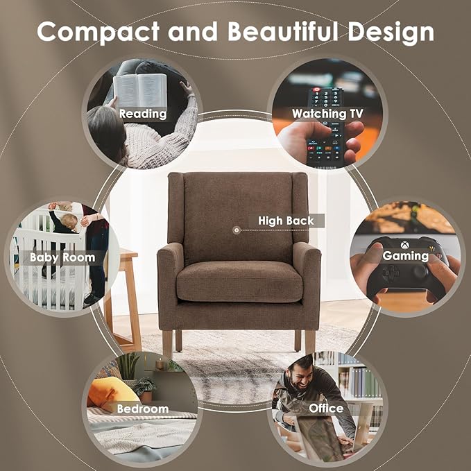 COLAMY Modern Wingback Living Room Chair, Upholstered Fabric Accent Armchair, Single Sofa Chair with Lounge Seat and Wood Legs for Bedroom/Office/Reading Spaces, Brown-Ruum Studio Home