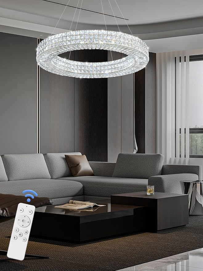 Dia 32" Ring Crystal Chandelier Modern Gold Chandelier Adjustable Height Luxury Crystal Pendant Ceiling Light Fixture for Dining Living Room Bedroom-Ruum Studio Home