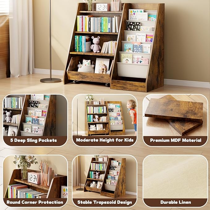 COZPAW Kids Bookshelf and Toy Storage, 4 Tier Toddler Bookshelf with Movable Drawer 5 Sling Pockets, Montessori Book Shelf for Kids Room, Playroom, Nursery (Brown)-Ruum Studio Home