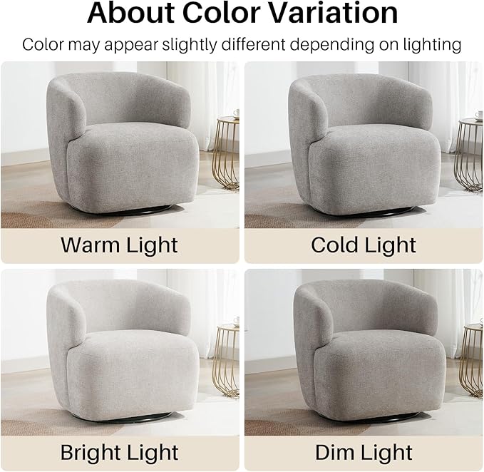 Swivel Accent Chair, Chenille Barrel Chair for Living Room, Cozy Round Boucle Arm Chair, Metal Base for Club Nursery Bedroom, Light Grey-Ruum Studio Home