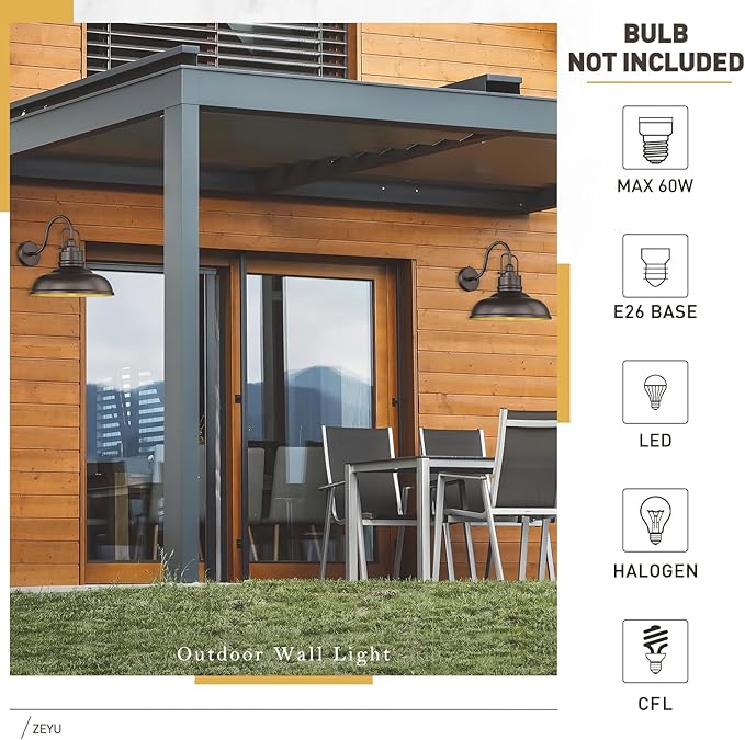 zeyu 2 Pack Outdoor Barn Light Fixtures, Farmhouse Gooseneck Wall Lights for Front Porch, 18" Dusk to Dawn Sensor Wall Sconces in Oil Rubbed Bronze Finish, 016-1BL-PC-2 ORB-Ruum Studio Home