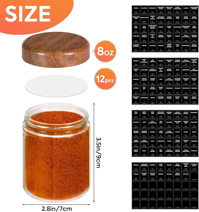 Yangbaga 12Pcs Glass Spice Jars with Labels-8oz Acacia Wood Lid Square Spice Containers,Seasoning Jars for Rack Cabinet Drawer,KitchenPantry Daily Use-Ruum Studio Home