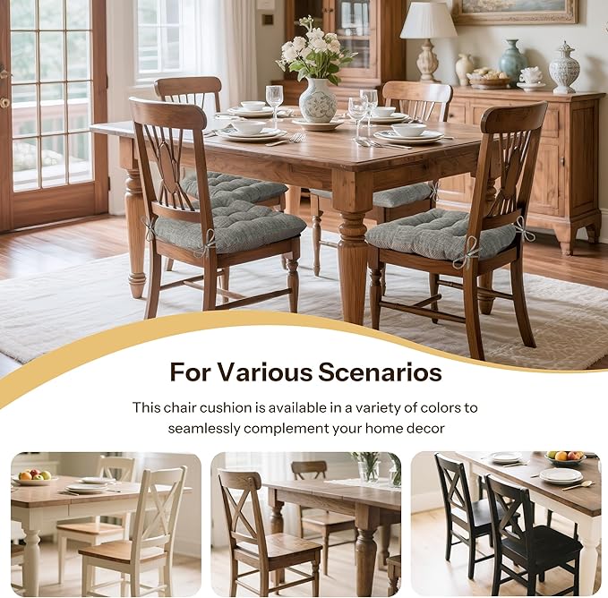 Non Slip Chair Cushions for Dining Chairs Set of 4 Kitchen Chair Cushions 18"x18"x3" Turfted Chair Pads Comfortable and Soft Seat Cushion with Ties, Light Grey-Ruum Studio Home