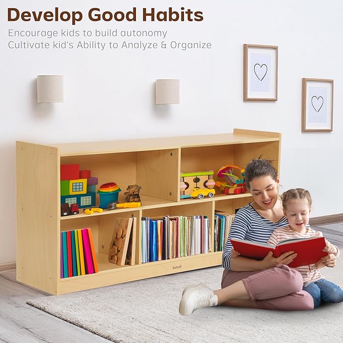 Toy Storage Organizer for Kids Room, Wooden Kids Bookshelf for Classroom, Cube Storage Organizer for Playroom, 5-Section Montessori Bookshelf & Toy Shelf for Nursery-Ruum Studio Home