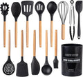 Country Kitchen Non Stick Silicone Utensil Set with Rounded Wood Handles for Cooking and Baking, 14 Piece Set, Black-Ruum Studio Home