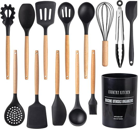 Country Kitchen Non Stick Silicone Utensil Set with Rounded Wood Handles for Cooking and Baking, 14 Piece Set, Black-Ruum Studio Home