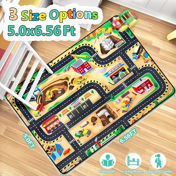 Kids 5x7 Ft Construction Site Play Rug, Baby Play Mat, Tufted Wool & Rubber, Non-Slip, Stain & Fade Resistant, Machine Washable, Rustic Cartoon Construction Site Pattern-Ruum Studio Home
