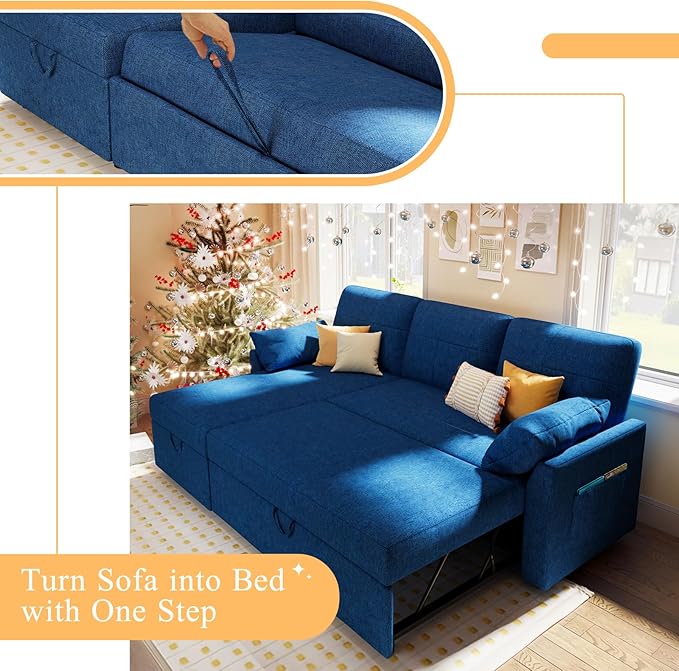 VanAcc Sleeper Sofa - 2 in 1 Pull Out Couch Bed with Storage Chaise for Living Room, Linen Blue-Ruum Studio Home