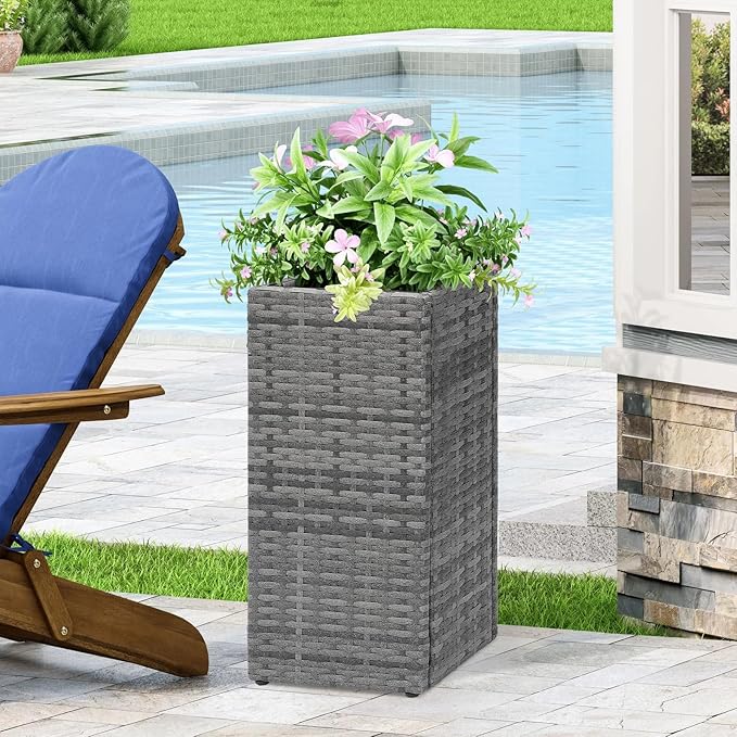 SUNNYPARK 2 Pack Tall Planters for Outdoor Plants Rattan Modern Tall Square Planter Box with Removable Liners Indoor Outdoor Porch Patio Flower Pot (12’’ x 12’’ x 24’’)-Ruum Studio Home