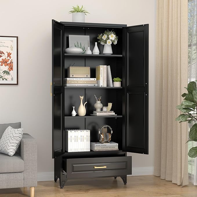 75" Kitchen Pantry Cabinet with Drawer, Metal Storage Cabinets with Doors and 4 Adjustable Shelves,Black Kitchen Cabinet with 2 Gold Handles,Food Cupboard for Livingroom,Pantry-Ruum Studio Home