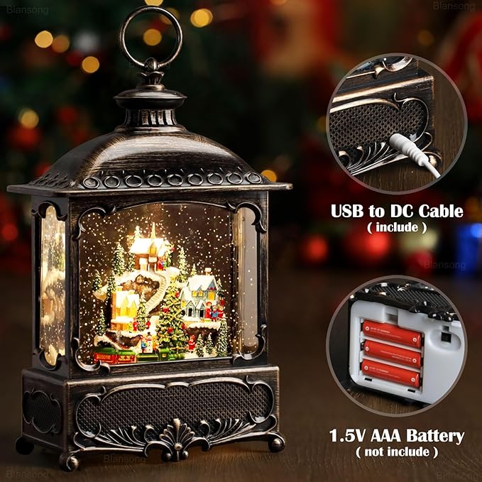 Village Snow Globe Christmas Decorations Gifts Auto Snowfall Glitter Music Collection Village Scene Train Tree Church Snowman with 6H Timer USB/Battery Powered 12 inch-Ruum Studio Home
