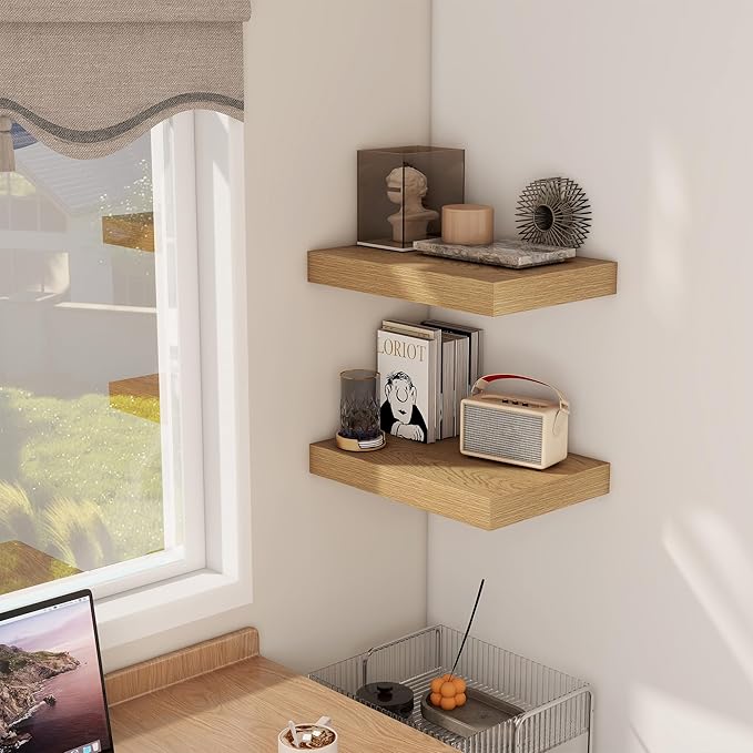 12 Inch Deep Floating Shelves, 16 x 12 Floating Shelf for Books, Rustic Wood Deep Wall Shelves for Home Storage & Display, 2" Thicked Shelves for Kitchen, Living Room, Bedroom, Oak Color, 2 Pack-Ruum Studio Home