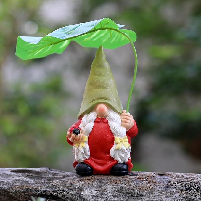 Garden Female Gnome Statue Decoration with Leaf Umbrella, 7.5” Figurine Ornament for Indoor Outdoor Home Patio Yard Lawn, for Gnome Lovers & Garden Enthusiasts，Mom，Women-Ruum Studio Home
