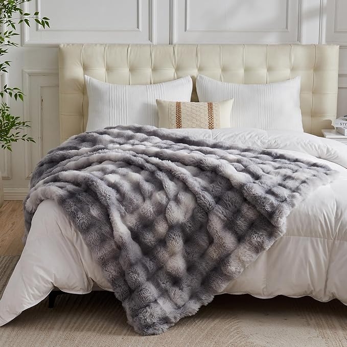 Lotus Karen Queen Size Faux Fur Blanket Tie-Dye Gray - Big Bubble Rabbit Fluff Throw for Bed Large Fluffy Fuzzy Cozy Thick Furry Plush Shaggy Blankets for Men 90x90 Inches-Ruum Studio Home
