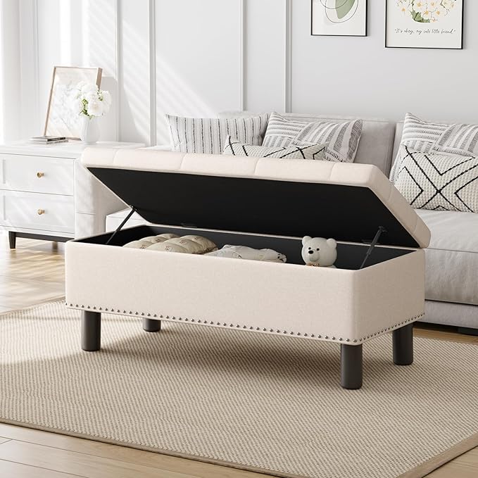 Furniliving 42” Ottoman Bench with Storage, Folding Storage Ottoman Benches with Wood Legs, Upholstered Bedroom Bench with Button-Tufted, Entryway Bench for Bedroom, Linen, Beige-Ruum Studio Home