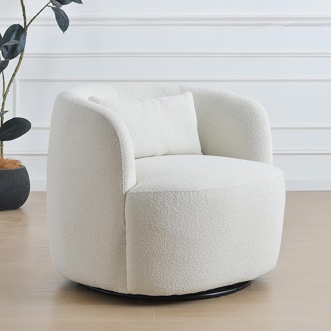 KINWELL 34" Wide Sherpa Swivel Barrel Chair, No Assembly Round Boucle Upholstered Accent Chair Armchair Single Sofa Chair with Toss Pillow for Living Room and Bedroom, Beige-Ruum Studio Home