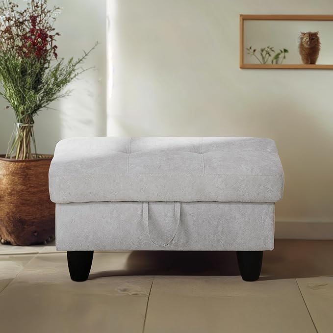 Ottoman Rectangular Storage Ottoman Bench, Flannel Footrest Stool Footstool with Lid for Living Room, Bedroom, Entryway, Khaki, 28.5"x19"x17.5"-Ruum Studio Home