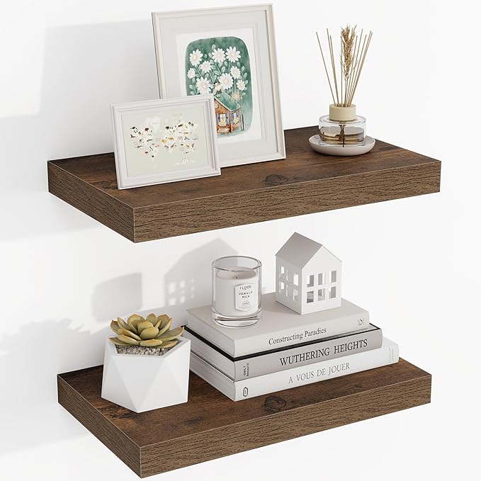 16 Inch Floating Shelves, 16"x9.25"x1.5" Inch Deep Floating Shelves for Wall, Wooden Shelves for Bathroom, Bedroom, Living Room, Brown-Ruum Studio Home