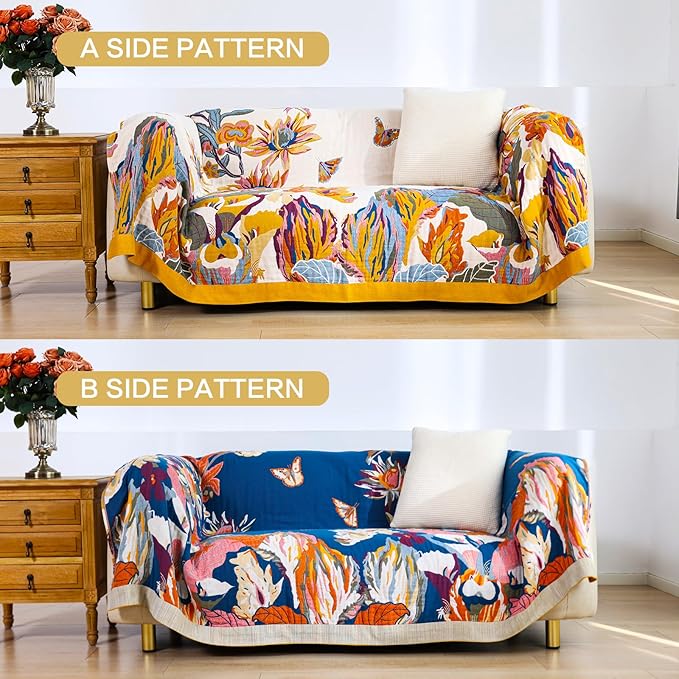 Boho Large Throw Blanket, 100% Organic Cotton Breathable Soft Bed King Throw - Fall Floral Bird Butterfly Farmhouse Decor Blanket for Sofa Couch Chair and Gift. 91" x 98"-Ruum Studio Home