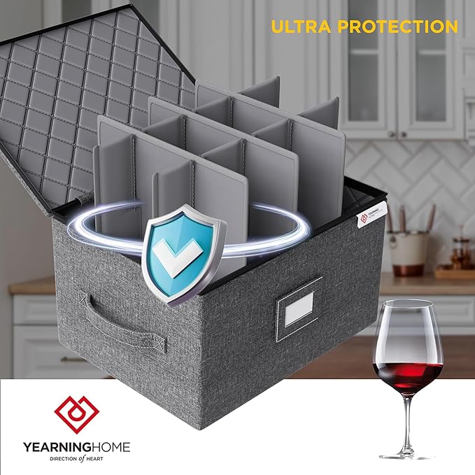 YearningHome Wine Glass Storage Box with Dividers,Hard Shell and Stackable Stemware Storage Containers with Sturdy Handle for Glassware Crystal Storage and Transport,Grey,Holds 12-Ruum Studio Home