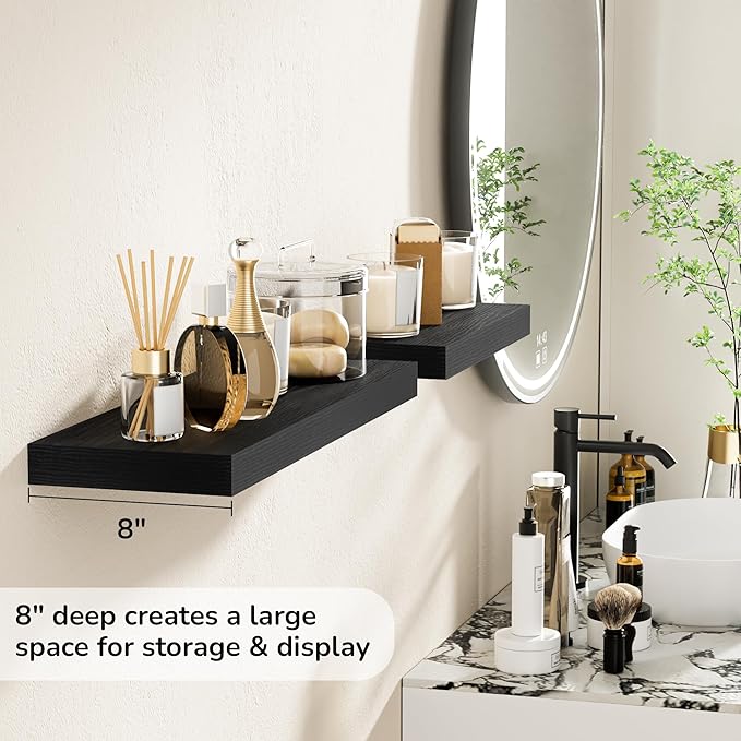 Fun Memories 24 Inch Floating Shelves - Deep Rustic Black Wooden Wall Shelves - Extra Deeper & Thicker Wall Mounted Storage Shelf for Bedroom, Kitchen, Farmhouse - 2 Pack, Rustic Black-Ruum Studio Home