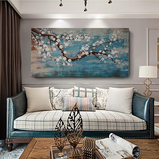Large Canvas Wall Art for Living Room- 100% Hand-Painted Oil Painting with Texture, Extra Large Gallery Wrapped Floral Plum Blossom Tree Artwork Blue Teal Lake Wall Picture for Bedroom, Office Decor-Ruum Studio Home