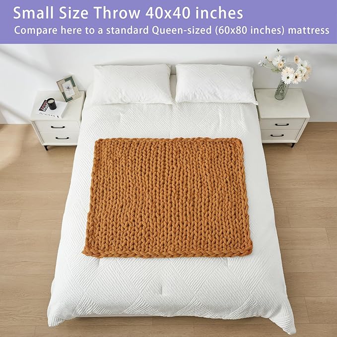 Bigacogo Chunky Knit Throw Blanket for Couch, 40x40 inches, 100% Hand Knitted with Thick Jumbo Chenille Yarn, Cozy Soft Large Rope Knot Cable Crochet Blankets for Sofa Bed Living Room, Burnt Orange-Ruum Studio Home