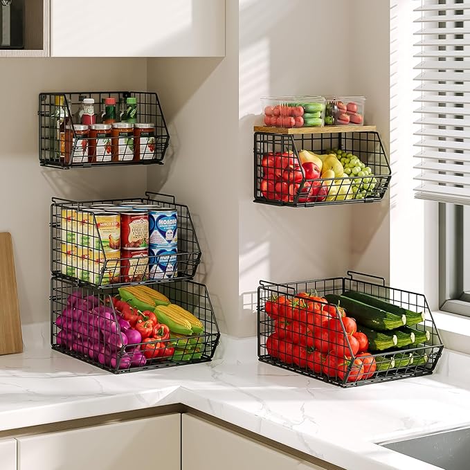 X-cosrack 2-Tier Stackable Wire Baskets for with Wood Lid, Wall Hanging Baskets for Potato and Onion Storage, Fruit Basket for Kitchen Counter, Metal Baskets for Snack Produce Cans-Ruum Studio Home