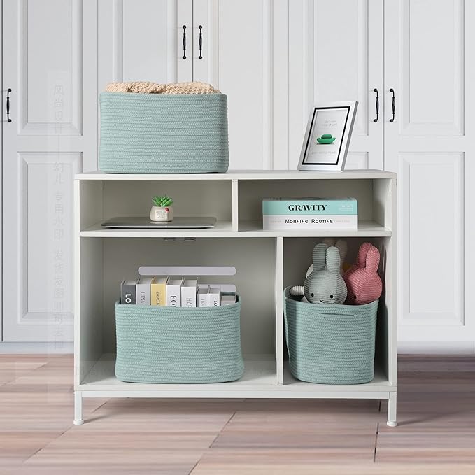 Cotton Rope storage Basket Bins Woven Basket for Organizing Shelves Rectangle Decorative Baskets For storage Clothes Toys Books Towels Square Wicker Nursery basket organizer 3 pack Green-Ruum Studio Home