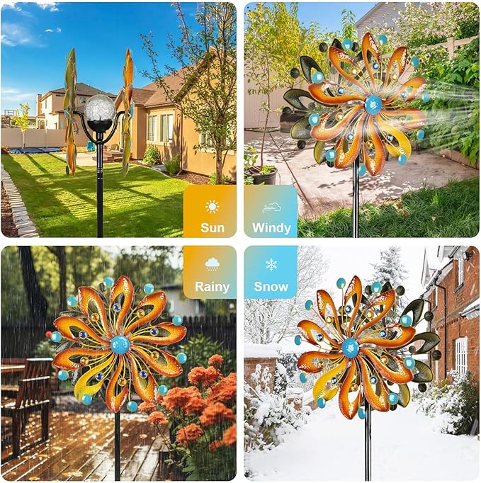 Wind Spinners for Yard and Garden - Wind Sculptures & Spinners 75 in Garden Kinetic Art with Solar Powered Multi-Color Glass Ball Light - Gradient Brown-Ruum Studio Home