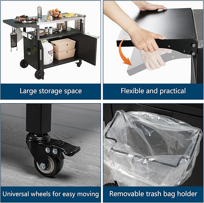 JY QAQA Outdoor Grill Cart with Storage,Patio Kitchen Island Outdoor Grill Table with Wheels,BBQ Cart Movable Pizza Oven Table Stand, Storage Cabinet, Foldable Tabletop, Black-Ruum Studio Home