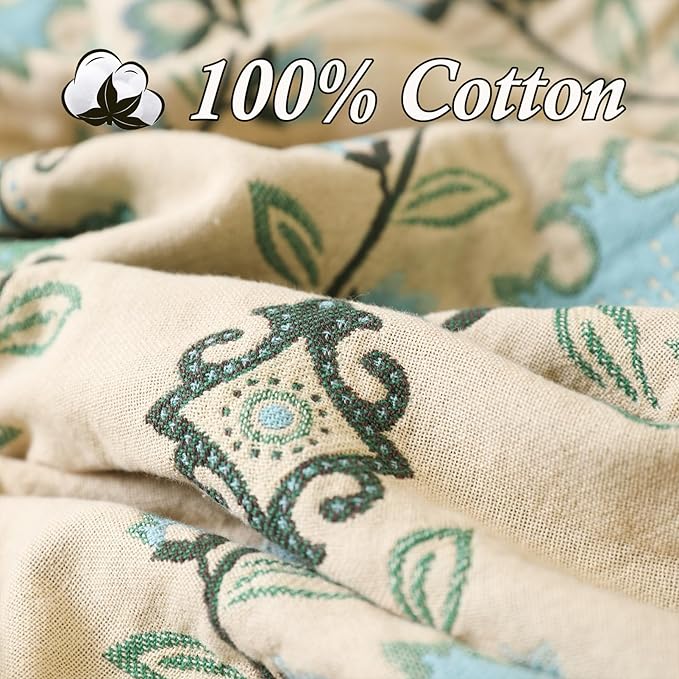 Snycler Boho Throw Blanket for Bed - 100% Cotton Ultra Soft Rustic Quilt - Blue Boho Floral Printed Farmhouse Decor Bed Blankets, 91"×98" All Season Rustic Throw for Sofa Couch Chair-Ruum Studio Home