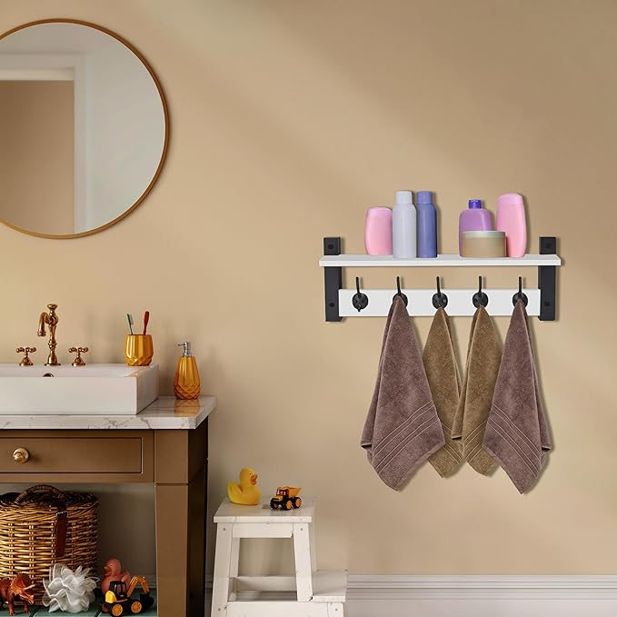 Sorbus Coat Hooks Wall Mount with Shelf – 24 Inch Coat Rack Wall Mount with 5 Heavy Duty Hooks – Floating Wall Shelf with Hooks for Entryway, Bathroom, Bedroom, Kitchen, or Mudroom (White)-Ruum Studio Home