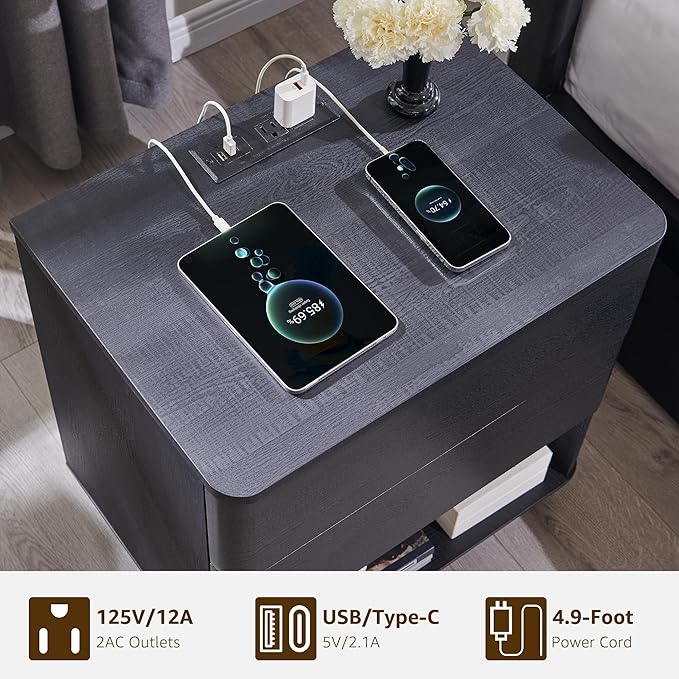 Nightstand with Charging Station, 22" Push-to-Open Bedside Table with 2 Storage Drawers, Large Modern End Table for Bedroom,Black-Ruum Studio Home