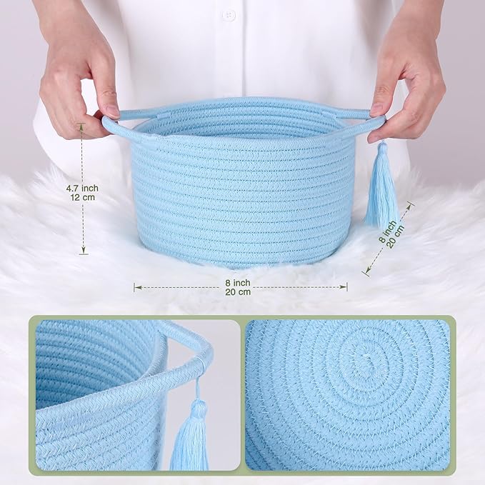 Empty Gift Basket Mini Woven Rope Organizer Baskets for Baby Shower, Vanity, Makeup Brushes, Bathroom, Shelves, Desk - Small Decorative Storage Bins - Set of 2, Pre-Shaped, Soft Blue-Ruum Studio Home