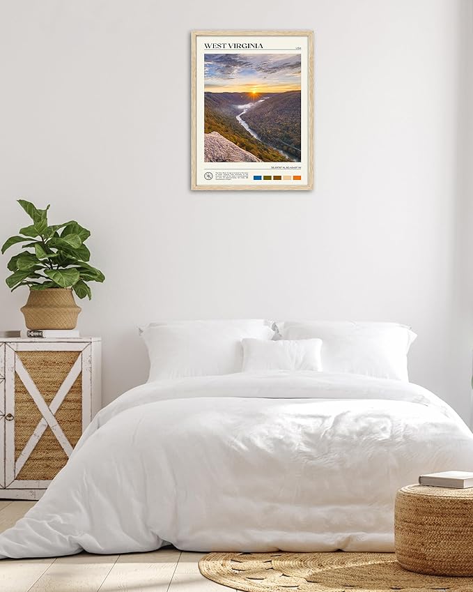 HesenDot Natural OAK Wood Framed West Virginia Wall Art,12x16in New River Gorge Quality Canvas Wall Print,Classic Urban Landmark Wall Decor for Living Room,Bedroom,Office Gallery Gifts Set of 1-Ruum Studio Home